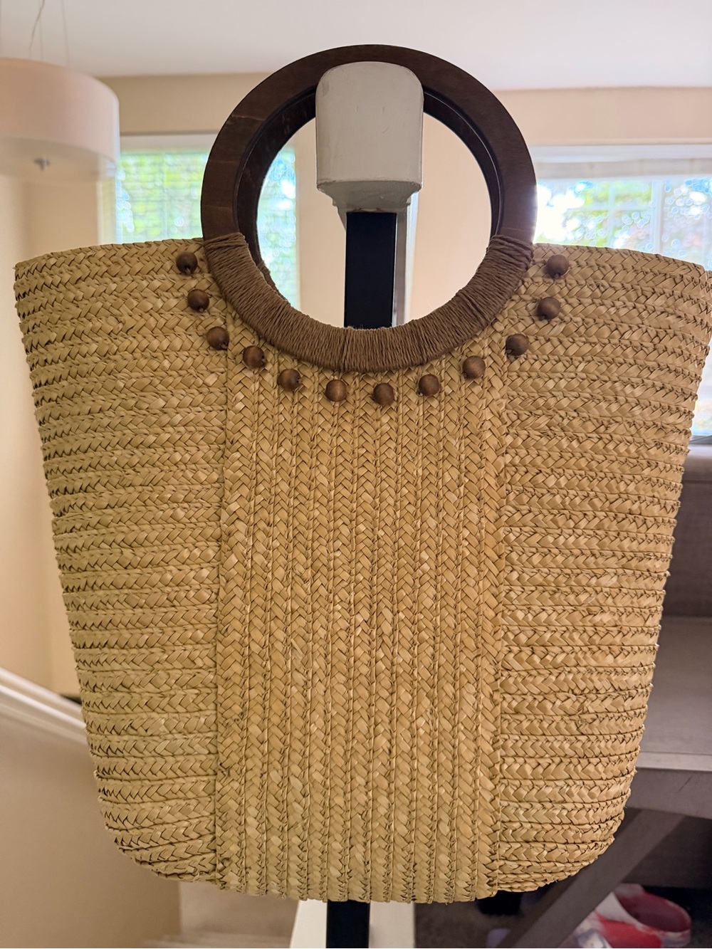 Woven Straw Tote Bag with Wooden Handles - Natural